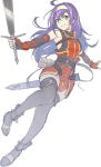  1girl belt blue_hair closed_mouth fingerless_gloves fire_emblem fire_emblem:_path_of_radiance full_body gloves green_eyes hairband holding holding_sword holding_weapon long_hair mia_(fire_emblem) nij_24 scabbard sheath simple_background smile solo sword weapon white_background white_hairband 