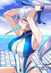  1girl absurdres adjusting_hair arms_up blue_bow blue_sky blue_swimsuit bow breasts clouds commentary_request day fate/grand_order fate_(series) food hair_between_eyes hair_bow highleg highleg_swimsuit highres large_breasts long_hair melting multicolored multicolored_clothes multicolored_swimsuit ocean one-piece_swimsuit popsicle red_eyes silver_hair sky solo swimsuit tomoe_gozen_(fate/grand_order) tomoe_gozen_(swimsuit_saber)_(fate) toro_zai very_long_hair white_swimsuit 