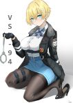  1girl absurdres arm_behind_back bangs belt black_footwear black_gloves black_jacket black_legwear blonde_hair blue_belt blue_eyes blue_skirt blush breasts character_name closed_mouth collared_shirt cuffs dress_shirt eva1314056 eyebrows_visible_through_hair girls_frontline gloves hair_between_eyes hair_ornament handcuffs high_heels highres jacket large_breasts miniskirt mole mole_under_eye open_clothes open_jacket pantyhose pouch shirt shirt_tucked_in short_hair sitting skirt snowflake_hair_ornament striped striped_neckwear thigh_strap underbust vsk-94_(girls_frontline) white_background white_shirt 