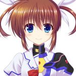  1girl bangs blue_eyes brown_hair closed_mouth commentary_request endori eyebrows_visible_through_hair hair_ribbon high_collar jacket looking_at_viewer lyrical_nanoha magical_girl mahou_shoujo_lyrical_nanoha mahou_shoujo_lyrical_nanoha_detonation partial_commentary portrait puffy_sleeves ribbon short_hair short_twintails sidelocks simple_background smile solo takamachi_nanoha twintails white_background white_jacket white_ribbon 