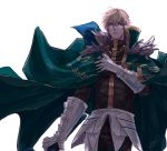  1boy armor black_gloves blonde_hair blue_eyes cape collared_cape excalibur_galatine fate/extra fate/grand_order fate_(series) fur_collar gauntlets gawain_(fate/extra) gloves green_cape holding holding_sword holding_weapon knight knights_of_the_round_table_(fate) linnne long_sleeves looking_at_viewer male_focus short_hair signature simple_background solo sword weapon white_background 