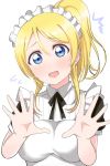  1girl :d absurdres alternate_costume apron ayase_eli bangs black_ribbon black_shirt blonde_hair blue_eyes collared_shirt enmaided eyebrows_visible_through_hair hair_between_eyes head_tilt high_ponytail highres long_hair looking_at_viewer love_live! love_live!_school_idol_project maid maid_headdress neck_ribbon open_mouth ribbon shiny shiny_hair shirt short_sleeves simple_background smile solo sweatdrop upper_body wewe white_apron white_background wing_collar 