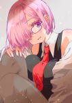  1girl 24maid3 blush breast_press breasts fate/grand_order fate_(series) glasses grey_background hair_over_one_eye highres looking_at_viewer mash_kyrielight medium_breasts necktie pink_hair purple-framed_eyewear red_neckwear short_hair smile solo 