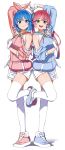  2girls absurdres bare_shoulders blue_eyes blue_footwear blue_hair blue_hoodie bow_hairband closed_mouth eyebrows_visible_through_hair fingerless_gloves gloves green_eyes hairband highres multiple_girls omega_sisters open_mouth pink_footwear pink_hair pink_hoodie shinomu_(cinomoon) thigh-highs 