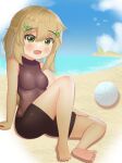  1girl absurdres ainuru bangs bare_shoulders barefoot beach blonde_hair breasts child eyebrows_visible_through_hair feet flower future_knight green_eyes guardian_tales hair_flower hair_ornament highres light_brown_hair long_hair on_ground open_mouth outdoors sand sitting sky sleeveless small_breasts soles toes water 
