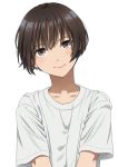  1girl black_hair brown_eyes light_smile looking_at_viewer mattaku_mousuke original shirt short_hair solo t-shirt upper_body white_background 