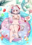  1girl absurdres barefoot bikini bikini_bottom bikini_top breasts feet feet_up flower granblue_fantasy hair_flower hair_ornament hairclip highres lifebuoy navel red_eyes sherryqq short_hair silver_hair small_breasts soles star-shaped_eyewear swimsuit toes vikala_(granblue_fantasy) water 