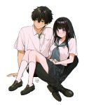  1boy 1girl bangs black_footwear black_hair blush chitanda_eru closed_mouth collarbone commentary_request couple crossed_legs dress_shirt full_body green_eyes hetero highres hyouka loafers long_hair looking_to_the_side mery_(yangmalgage) neckerchief oreki_houtarou school_uniform serafuku shirt shoes short_hair short_sleeves simple_background sitting sitting_on_lap sitting_on_person smile sweatdrop violet_eyes white_background 