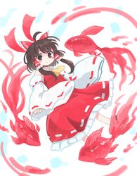  1girl ahoge blush_stickers bow brown_eyes brown_hair commentary_request detached_sleeves fish frilled_skirt frills full_body goldfish hair_bow hair_tubes hakurei_reimu highres kibisake long_hair long_sleeves looking_at_viewer red_bow red_shirt red_skirt sarashi shirt skirt solo touhou wide_sleeves yellow_neckwear 