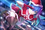  1girl absurdres android artist_name asuva_wingsheart blue_eyes blue_hair chinese_commentary christmas close-up english_commentary flying hat highres looking_at_viewer mecha_musume mixed-language_commentary open_mouth original salute santa_dress santa_hat solo thigh-highs watermark wings 