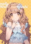  1girl bangs bow brown_eyes brown_hair commentary_request dress eyebrows_visible_through_hair frilled_dress frills hair_bow hair_ornament idolmaster idolmaster_cinderella_girls looking_at_viewer moroboshi_kirari polka_dot polka_dot_background ribbon simple_background smile social_kasu_(mob_oji_katu) solo wavy_hair wrist_ribbon yellow_background 