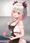  1girl :d apron bare_shoulders black_apron blush breasts double_bun dress eyebrows_visible_through_hair food gradient_hair grey_hair heart heart_print highres holding honey_strap horns long_hair looking_at_viewer medium_breasts multicolored_hair open_mouth orange_eyes pink_hair pointy_ears rifufu shiny shiny_hair shiny_skin smile solo streaked_hair suou_patra virtual_youtuber 