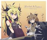  2girls ahoge arknights blanket blonde_hair blue_eyes brown_eyes brown_hair doctor_(arknights) english_text glasses gradient gradient_background horns leizi_(arknights) long_hair multiple_girls paperwork shuuzen_(shu-zen) sigh silence_(arknights) sleeping smile zzz 