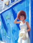  1girl brown_hair day dress green_eyes hand_on_own_head hat hat_removed headwear_removed holding holding_clothes holding_hat looking_at_viewer max07817 original outdoors scenery short_hair solo wall white_dress white_headwear 