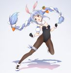  1girl absurdres animal_ear_fluff animal_ears asanaya bangs bare_shoulders black_gloves black_leotard blue_hair blush bow braid breasts brown_legwear bunny_girl bunny_tail bunnysuit carrot_hair_ornament covered_navel detached_sleeves don-chan_(hololive) eyebrows_visible_through_hair floating_hair food_themed_hair_ornament full_body fur-trimmed_gloves fur_trim gloves gradient gradient_background grey_background hair_bow hair_ornament highres hololive leotard long_hair multicolored_hair open_mouth puffy_short_sleeves puffy_sleeves rabbit_ears red_eyes shadow shoes short_eyebrows short_sleeves small_breasts standing standing_on_one_leg strapless strapless_leotard tail thick_eyebrows twin_braids twintails two-tone_hair upper_teeth usada_pekora very_long_hair white_bow white_footwear white_hair white_sleeves 