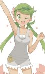  1girl :d arm_up armpits bangs blush commentary_request eyelashes flower green_eyes green_hair grey_overalls hair_flower hair_ornament highres mallow_(pokemon) one_eye_closed open_mouth otyaduke overalls pokemon pokemon_(game) pokemon_sm smile solo star_(symbol) swept_bangs teeth tongue twintails upper_teeth 