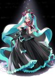  1girl :o absurdly_long_hair ahoge aqua_bow aqua_hair arami_o_8 arm_tattoo bangs bare_arms bare_shoulders black_background black_dress bow commentary detached_collar dress frilled_dress frills full_body hair_between_eyes hair_ribbon hatsune_miku highres holding holding_instrument instrument long_hair looking_at_viewer miku_symphony_(vocaloid) music number playing_instrument ribbon solo stage_lights standing strapless strapless_dress tattoo twintails very_long_hair violin vocaloid 