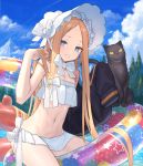  1girl abigail_williams_(fate/grand_order) blonde_hair blue_eyes bonnet bow cat chorefuji clouds commentary_request day eyelashes fate/grand_order fate_(series) innertube long_hair looking_at_viewer mountain navel outdoors parted_lips sky swimsuit teeth tree very_long_hair water white_bow white_headwear white_swimsuit 