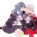  2girls aiguillette bangs bare_legs black_gloves black_shirt black_shorts black_skirt blue_eyes blue_hair blush breasts byleth_(fire_emblem) byleth_eisner_(female) capelet commentary_request cravat edelgard_von_hresvelg eyelashes face-to-face fire_emblem fire_emblem:_three_houses from_side garreg_mach_monastery_uniform gloves hair_between_eyes hair_ribbon hairband highres holding_another&#039;s_hair invisible_chair large_breasts lips long_hair long_sleeves medium_breasts medium_hair miniskirt mizuno_(iori-amu) multiple_girls pantyhose parted_bangs parted_lips pleated_skirt profile red_capelet red_legwear ribbon shirt shorts silver_hair simple_background sitting skirt straight_hair sweatdrop thighs violet_eyes white_background yuri 
