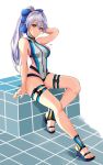  1girl absurdres arm_up bangs blue_bow blue_swimsuit blush bow breasts closed_mouth fate/grand_order fate_(series) hair_between_eyes hair_bow highleg highleg_swimsuit highres large_breasts legs long_hair looking_at_viewer one-piece_swimsuit ponytail red_eyes sandals silver_hair smile swimsuit thigh_strap thighs tomoe_gozen_(fate/grand_order) tomoe_gozen_(swimsuit_saber)_(fate) two-tone_swimsuit white_swimsuit yato_(yama0x1) 
