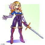  1girl blonde_hair bodysuit breasts closed_mouth commentary_request gloves green_eyes hair_ornament hairclip highres looking_at_viewer medium_hair oomasa_teikoku pointy_ears princess_zelda skin_tight solo standing sword the_legend_of_zelda the_legend_of_zelda:_breath_of_the_wild weapon 
