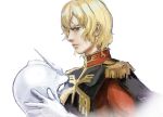  1boy blonde_hair char_aznable from_side gundam helmet holding holding_helmet looking_at_viewer looking_to_the_side mobile_suit_gundam nekkikamille solo uniform white_background zeon 