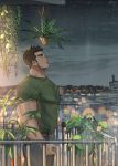  1boy balcony bara belt brk_603 brown_eyes brown_hair chest facial_hair highres light male_focus manly muscle original pants plant rain shirt short_hair solo standing stubble thick_eyebrows upper_body 