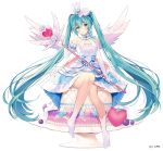  1girl alternate_costume angel_wings argyle argyle_dress bare_legs bare_shoulders blue_dress blue_eyes blue_flower blue_hair blue_ribbon blush cake closed_mouth collar collarbone commentary_request crown crypton_future_media detached_collar dress elbow_gloves eyebrows_visible_through_hair eyelashes eyes_visible_through_hair feathered_wings flat_chest flower food frilled_collar frilled_dress frills full_body gloves hair_between_eyes hair_flower hair_ornament halter_dress halterneck happy hatsune_miku head_tilt heart holding holding_staff horizontal_stripes knees_together_feet_apart layered_dress long_dress long_hair mini_crown neck_ribbon necomi no_nose no_shoes official_art patterned_clothing pink_flower plate purple_flower ribbon rose shiny shiny_hair simple_background sitting sitting_on_food smile socks solo staff striped striped_ribbon tareme twintails very_long_hair vocaloid white_background white_flower white_gloves white_legwear white_rose wings 