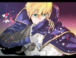  1boy armor armored_dress arthur_pendragon_(fate) black_border blonde_hair blue_cape blue_dress border breastplate cape dress fate/grand_order fate/prototype fate_(series) faulds gauntlets greaves green_eyes hair_between_eyes knowxxxing long_sleeves looking_at_viewer male_focus pauldrons short_hair shoulder_armor signature solo upper_body 