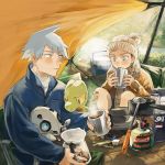  2boys aron bangs beanie blush closed_mouth coffee commentary_request cup day eyebrows_visible_through_hair gen_3_pokemon grass grey_eyes hat highres holding holding_cup knees long_sleeves looking_down multiple_boys outdoors pokemon pokemon_(creature) pokemon_(game) pokemon_oras popped_collar scarf sitting spiky_hair steam tokeru treecko tsuwabuki_daigo turtleneck yuuki_(pokemon) 