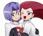  1boy 1girl blackchu_00 blue_eyes blush green_eyes kojirou_(pokemon) lavender_hair musashi_(pokemon) pink_hair pokemon pokemon_(anime) team_rocket 