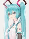  1girl absurdres blue_eyes blue_hair blue_neckwear character_name cowlick glitch hair_between_eyes hair_ornament hatsune_miku highres light_smile lips long_hair looking_at_viewer necktie shirt sleeveless sleeveless_shirt solo twintails vocaloid white_shirt zx-sama 