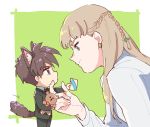  1boy 1girl animal_ears blue_eyes braid brown_hair cat_ears cat_tail earrings envelope face fake_animal_ears fake_tail formal gundam gundam_wing hastune heero_yuy holding holding_envelope holding_stuffed_animal jewelry light_brown_hair long_hair looking_at_another miniboy profile relena_peacecraft short_hair smile stuffed_animal stuffed_toy suit tail violet_eyes 