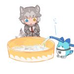  1girl animal_ears blue_eyes buchi0122 dog_(mixed_breed)_(kemono_friends) dog_ears dog_tail excited grey_hair heterochromia highres hose kemono_friends lucky_beast_(kemono_friends) multicolored_hair pool short_hair squatting tail tail_wagging two-tone_hair water white_background yellow_eyes 