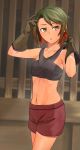  1girl black_hair gloves gradient_hair highres kis_sako multicolored_hair navel orange_eyes original redhead short_hair short_shorts shorts solo sweat tan tanline two-tone_hair 