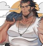  1boy bara black_hair body_hair brk_603 chest chest_hair covered_nipples cropped_torso facial_hair fang goatee highres horns jewelry looking_at_viewer male_focus manly medium_hair muscle necklace pectorals red_eyes scar shirtless sideburns solo takemaru_(tokyo_houkago_summoners) tank_top thick_eyebrows tokyo_houkago_summoners upper_body 