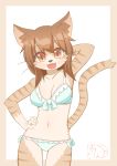  1girl :3 :d absurdres animal_ear_fluff animal_ears animal_nose arm_behind_head bakegirin beige_fur blush bra breasts brown_eyes brown_fur brown_hair cat cat_ears cat_girl cat_tail commentary_request cowboy_shot eyebrows_visible_through_hair facing_viewer furry green_bra green_panties hair_between_eyes hand_on_hip highres long_hair medium_breasts navel open_mouth original panties signature simple_background smile solo standing striped_fur tail two-tone_fur underwear whiskers white_background 