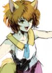  1girl animal_ears breasts brown_hair fox_ears green_eyes highres kannoaki koto_(yuu_yuu_hakusho) looking_at_viewer open_mouth short_hair simple_background smile solo tail white_background yuu_yuu_hakusho 