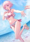  1girl :d artist_name bangs bare_arms bare_shoulders bikini blue_sky brown_footwear commentary_request day eyebrows_visible_through_hair fate/grand_order fate_(series) hair_over_one_eye highres horizon looking_at_viewer mash_kyrielight navel ocean open_mouth outdoors outstretched_arm pink_hair platform_footwear rainbow ririko_(zhuoyandesailaer) sandals short_hair side-tie_bikini sky smile solo_focus standing standing_on_one_leg starfish striped striped_bikini swimsuit swimsuit_of_perpetual_summer_ver.02 violet_eyes water watermark 