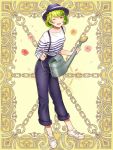  1girl ;d black_pants flower green_hair hair_flower hair_ornament hat kerberos_blade looking_at_viewer maruyama_hari one_eye_closed open_mouth pants petals shirt shoes short_hair simple_background smile sneakers standing striped striped_shirt suspenders watering_can white_footwear yellow_background 