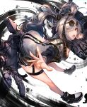  1girl absurdres animal_ears arknights bare_legs black_hair commentary feater_(arknights) hair_over_one_eye highres jacket long_hair long_sleeves mecha_(alswp) multicolored_hair open_mouth panda_ears shoes silver_hair solo streaked_hair thighs twintails 