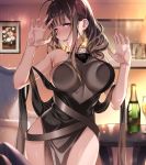  1girl :d against_glass ahoge alternate_costume bangs bare_shoulders blunt_bangs blush breast_press breasts breasts_on_glass brown_hair dress dsr-50_(girls_frontline) earrings evening_gown eyebrows_visible_through_hair girls_frontline highres indoors jewelry large_breasts long_hair looking_at_viewer mizore_syrup open_mouth red_eyes sidelocks smile solo thighs 