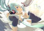  1girl angel_wings aqua_eyes aqua_hair aqua_nails aqua_neckwear armpits bangs bare_shoulders black_sleeves blurry_foreground blush breasts collared_shirt commentary_request dated detached_sleeves eyebrows_visible_through_hair floating_hair grin hair_between_eyes hair_ornament halo hatsune_miku headset long_hair looking_up medium_breasts nail_polish necktie nokuhashi number shirt sidelocks signature simple_background sleeveless sleeveless_shirt smile solo twintails upper_body very_long_hair vocaloid white_background wings 