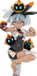  1girl bangs barefoot bea_(pokemon) black_bodysuit black_hairband blue_eyes bodysuit bodysuit_under_clothes breasts closed_mouth collared_shirt commentary_request covered_navel dynamax_band falinks gen_8_pokemon gloves grey_hair gym_leader hair_between_eyes hairband hands_up knee_pads leg_up looking_at_viewer on_head pokemon pokemon_(creature) pokemon_(game) pokemon_on_head pokemon_on_leg pokemon_swsh print_shirt print_shorts shirt short_hair short_sleeves shorts single_glove tied_shirt toes xschinkenwurstx 