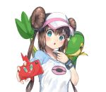  1girl :o bangs blue_eyes blush breasts brown_hair collarbone commentary_request double_bun gen_5_pokemon hair_between_eyes hat highres holding long_hair looking_at_viewer medium_breasts mei_(pokemon) on_shoulder open_mouth poke_ball pokedex pokemon pokemon_(creature) pokemon_on_shoulder raglan_sleeves ranf sidelocks simple_background snivy solo twintails upper_body visor_cap white_background 