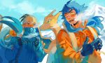  2boys backpack bag bangs black_hair blue_hair blush breath charizard clouds coat cold commentary_request dande_(pokemon) day facial_hair flygon gen_1_pokemon gen_3_pokemon gloves half-closed_eyes highres holding_strap kibana_(pokemon) long_hair looking_back mountain multiple_boys open_mouth orange_coat orange_headwear outdoors pokemon pokemon_(creature) pokemon_(game) pokemon_swsh sky snow teeth tokeru tongue yellow_eyes 