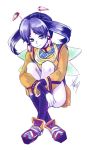  1girl android ankle_boots black_gloves blue_hair blush boots breasts character_name concept_art earrings expressions eyebrows_visible_through_hair facial_mark fingerless_gloves forehead_mark full_body gloves grandia grandia_ii heart jewelry long_sleeves looking_at_viewer medium_breasts miniskirt multiple_views official_art orange_eyes pale_skin pantyhose photoshop_(medium) purple_hair scan skirt solo standing tio_(grandia) twintails violet_eyes white_legwear wide_sleeves wings yellow_eyes 