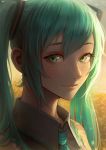  1girl bangs bare_shoulders blurry blurry_background closed_mouth ear_piercing freckles green_hair green_neckwear hair_ornament hatsune_miku kazuko_(towa) light_particles long_hair looking_at_viewer necktie piercing portrait sidelocks sleeveless smile solo twintails vocaloid yellow_background 