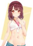  1girl arm_at_side atelier_(series) atelier_sophie bangs bare_shoulders blue_shorts blush breasts brown_hair character_name closed_mouth collarbone commentary_request cream cream_on_face crepe crop_top eating eyebrows_visible_through_hair food food_on_face food_wrapper groin highres holding holding_food looking_at_viewer medium_breasts medium_hair navel rococo shorts small_breasts solo sophie_neuenmuller standing stomach tank_top white_tank_top yellow_eyes 