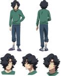  1boy black_hair character_sheet facial_hair glasses gundam gundam_build_divers gundam_build_divers_re:rise hair_over_one_eye hand_on_back highres kuga_osamu messy_hair multiple_views official_art stubble transparent_background 